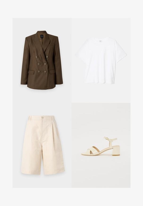 Blazer marron à doubles boutons avec revers en pointe, deux poches avant et six boutons ronds. Tissu lisse et coupe ajustée.; T-shirt en coton blanc avec des manches courtes, un col rond, une coupe décontractée et un ourlet cousu. Étiquette visible à l'intérieur du col.; Shorts en lin beige avec une coupe décontractée, présentant une fermeture à bouton, un design plissé et une longueur à mi-genou. Texture lisse et style simple.; Sandales à talons en cuir verni beige avec un design à brides croisées, bout ouvert, bride de cheville réglable et un talon carré. Texture lisse.