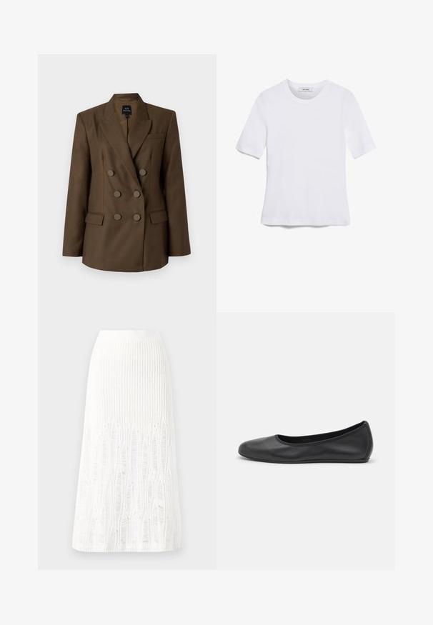 Brązowa marynarka dwurzędowa z szpiczastymi klapami, dwoma przednimi kieszeniami i sześcioma okrągłymi guzikami. Gładki materiał i dopasowany krój.; Biała koszulka krótki rękaw wykonana z materiału prążkowanego. Okrągły dekolt, regularny krój i subtelne detale szwów. Bez wzorów ani grafik.; Dzianinowa biała spódnica midi z fakturowanym wzorem w pionowe linie oraz wycięciami przy dolnej krawędzi. Elastyczny pas. Miękki materiał.; Czarne skórzane baletki z zaokrąglonym noskiem, gładką fakturą, minimalnymi przeszyciami i elastycznym designem podeszwy.