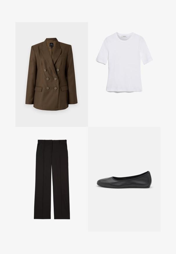 Dobbeltradet brun blazer med spiss lapel, to frontlommer og seks runde knapper. Glatt stoff og skreddersydd passform.; Hvit kortermet t-skjorte laget av ribbestrikket materiale. Rund hals, vanlig passform og subtile sømdetaljer. Ingen mønstre eller grafikk.; Sorte skreddersydde bukser laget av et glatt stoff, med rett ben-design og to sidelommer. Elegant og minimalistisk konstruksjon.; Svart skinnballettflatt med rund tå, glatt tekstur, minimal sømdetalj, og et fleksibelt såledesign.