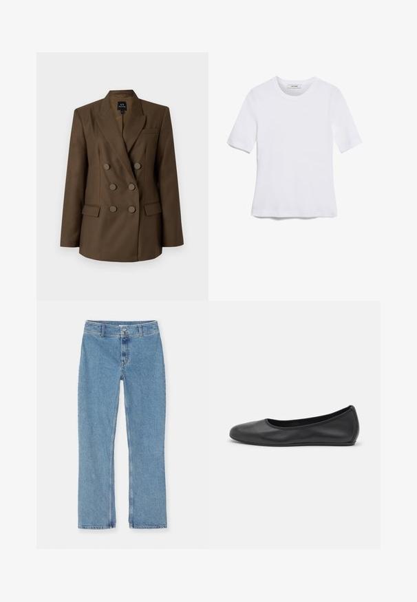 Dubbelzijdige bruine blazer met piekpels, twee voorzakken en zes ronde knopen. Glad materiaal en op maat gemaakt pasvorm.; Witte korte mouwen t-shirt van ribstof. Ronde halslijn, normale pasvorm en subtiele stiksels. Geen patronen of grafische elementen.; Lichtblauwe recht gesneden denim jeans met knoop- en ritssluiting, riemlussen en standaard stiksel op een witte achtergrond.; Zwarte leren ballerina met een ronde neus, gladde textuur, minimale stikdetails en een flexibele zoolontwerp.