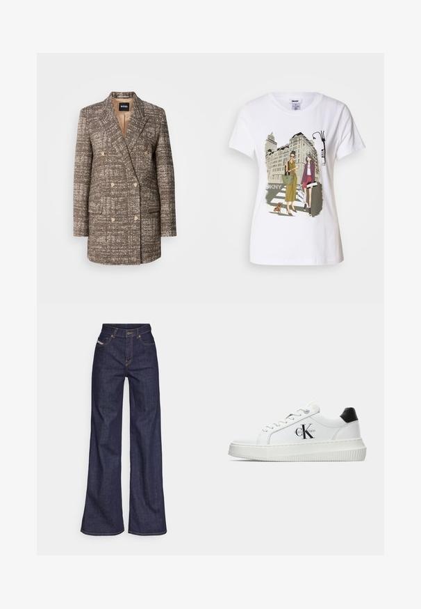 Double-breasted brown herringbone coat with beige buttons and notched lapels. Two front pockets and a smooth lining.; White cotton T-shirt featuring a printed illustration of two women in urban fashion styles with a dog on a crosswalk and city buildings.; Dark blue wide-leg jeans in denim fabric with a high waist, featuring orange stitching, five-pocket design, and a button closure.; White low-top sneaker with black heel tab, platform sole, laces, and Calvin Klein "CK" logo on the side.