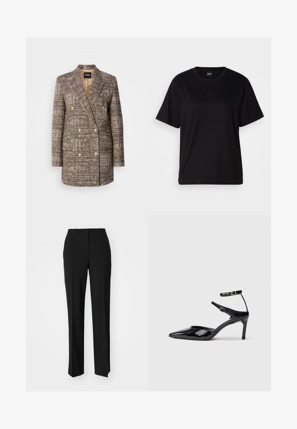 Hnedý dvojradový kabát z herringbonu s béžovými gombíkmi a klopovými goliermi. Dva predné vrecká a hladká podšívka.; Čierne bavlnené tričko s okrúhlym výstrihom, krátkymi rukávmi a vyšívaným logom na hrudi. Jednoduchý, voľný strih bez vzorov.; Čierne krajčírské nohavice so strihom rovného nohu, s hladkou textúrou a ostrými skladmi pozdĺž prednej časti. Žiadne viditeľné hardvér.; Čierne lakované lodičky s ostrou špicou, nastaviteľnými členkovými popruhmi a štíhlým podpätkom. Hladký povrch s lesklým finišom.