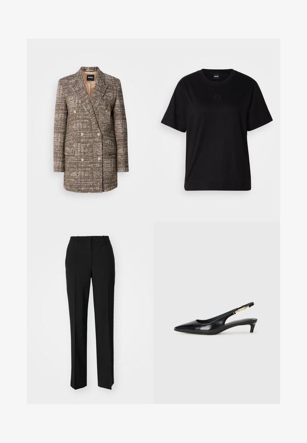 Dvogubni smeđi kaput s ribljim kostima s bež gumbima i reverima. Dva prednja džepa i glatka podstava.; Crna pamučna majica s okruglim izrezom, kratkim rukavima i izvezenim logotipom na prsima. Jednostavan, opušten kroj bez uzorka.; Crne krojene hlače ravnog kroja, s glatkom teksturom i oštrim pregibima naprijed. Bez vidljivih metalnih dijelova.; Crne kožne sandale s petom, s izduženim vrhom, imaju usku petu i zlatni akcent na podesivoj traci. Glatka tekstura.