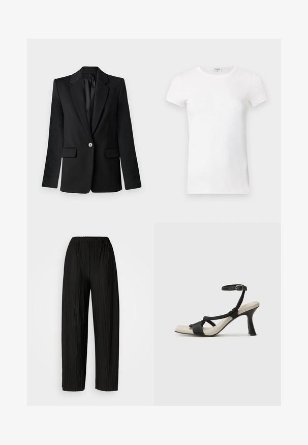 Black blazer with notched lapels, single-button closure, two front pockets, and structured shoulders. Smooth fabric with a tailored fit.; White ribbed short-sleeve T-shirt with a crew neck. The fabric appears smooth with a fitted silhouette. Branding label visible at the collar.; Black pleated wide-leg pants with an elastic waistband. The fabric features vertical pleats and a smooth texture.; Black heeled sandal with braided strap design, square toe, and adjustable ankle strap. Light beige footbed with a glossy black heel.
