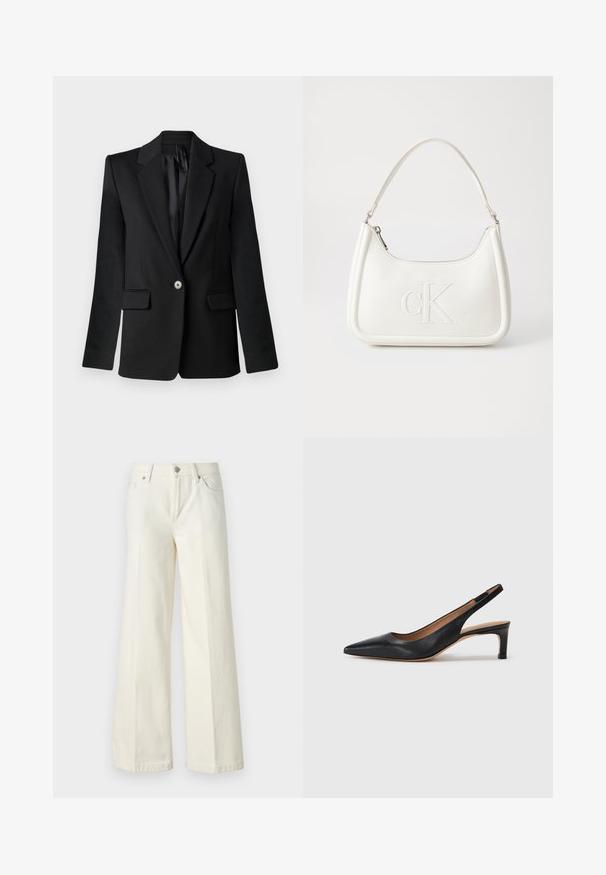 Melnā žakete ar iegrieztām atlēmēm, vienu pogu aizdari, divām priekšējām kabatām un strukturētām plecu daļām. Gluda auduma, pielāgota piegriezuma.; Melns kokvilnas T-krekls ar sarullētām īsām piedurknēm, centrā ir izcilināts logo un neliels karoga akcents sānos.; Platās kāju baltās džinsas, izgatavotas no kokvilnas maisījuma auduma. Tām ir rāvējslēdzēja josta, piecu kabatu dizains un šuvju izšuvumi gar šuvēm.; Melnas ādas siksnas un papēža kurpes ar vērstu purngalu, zemu papēdi un gludu tekstūru. Aprīkotas ar plānu regulējamu siksniņu drošai piegulšanai.; Balta ādas rokassoma ar noapaļotu formu, uz kuras priekšpuses ir izgriezts "CK" logo un viena plecu siksna. Augšā aizverama ar rāvējslēdzēju.