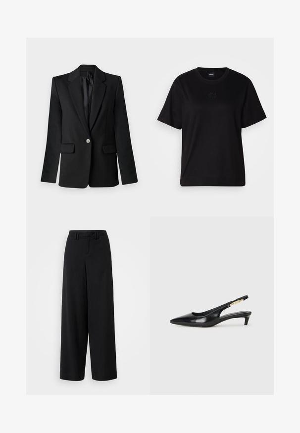 Fekete zakó füles gallérral, egy gombos záródással, két elülső zsebbel és struktúrált vállakkal. Sima anyag, testhezálló fazon.; Fekete pamut póló kerek nyakkivágással, rövid ujjakkal és hímzett logóval a mellkasán. Egyszerű, laza szabás, minta nélkül.; Fekete, széles szárú nadrág sima anyagból, lapos elejű kialakítással, redőzött részletekkel és övhurkokkal a derékrészen.; Fekete bőr slingback magassarkúk, hegyes orral, vékony sarkakkal és arany színű részlettel a állítható pánton. Simа felület.