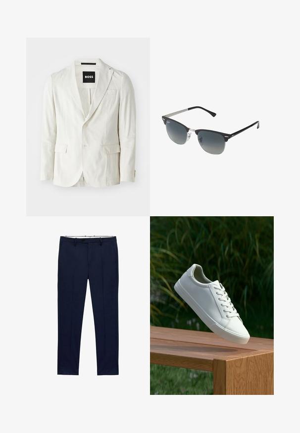 Svetlo bež blazer iz mešanice bombaža z izrezanim ovratnikom, enojnim gumbom, dvema sprednjima žepoma in subtilno teksturo.; Bele kratke majice s kratkimi rokavi, zložene, narejene iz bombaža. Imajo okroglo ovratnico in raven kroj. Tkanina se zdi gladka brez vzorcev.; Temno modri hlače s ožjim krojem in vzorcem črt. Zasnovane so z zadrgo, pasnimi zankami in sprednjimi žepi. Gladek teksturiran material.; Beli vezani športni čevlji, ki lebde nad leseno klopjo z zelenim rastlinjem v ozadju, prikazujejo obliko in teksturo čevlja.; Črne in srebrne sončna očala v obliki mačjih oči, z gradientnimi lečami in kovinskimi dodatki na okvirju. Plastične ročke s sivimi konicami.