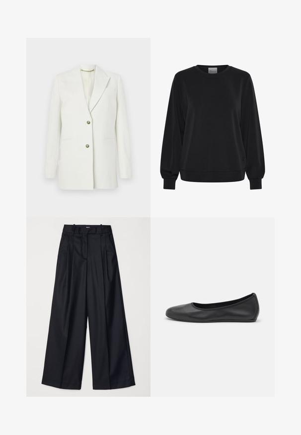 Blazer bianco realizzato in tessuto liscio; presenta un colletto a scossa, due tasche frontali e chiusure a bottone in acciaio dorato. Design semplice e strutturato.; Felpa nera con maniche lunghe, colletto a giro e polsini a coste. Presenta una texture liscia e un discreto dettaglio del logo sul davanti.; Pantaloni neri a gamba larga realizzati in un tessuto morbido, con vita alta, pieghe e un design sartoriale. Finiture semplici in nero in vita.; Pantofole da balletto nere in pelle con punta arrotondata, texture liscia, dettagli di cucitura minimi e design con suola flessibile.