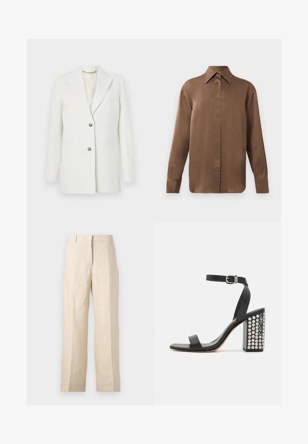 Blazer branco feito de tecido liso; apresenta lapela rebatida, dois bolsos frontais e fechos de botão em tom dourado. Design simples e estruturado.; Camisa branca de mangas longas com botões e colarinho pontudo, exibida contra um fundo branco liso.; Calças de linho bege com um corte solto, frente plissada e pernas retas. Apresentam uma cintura com passantes para cinto e sem bolsos visíveis.; Sandálias de salto em couro preto com tira no tornozelo. Apresentam uma ponta quadrada, textura suave e um salto quadrado decorado com tachas prateadas.