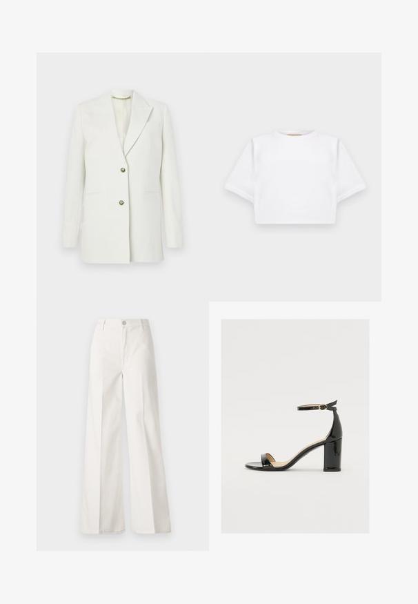 Bílý blejzr vyrobený z hladkého materiálu; obsahuje klopu, dvě přední kapsy a zlaté knoflíkové zapínání. Jednoduchý, strukturovaný design.; Zkrácené bílé tričko vyrobené z měkké látky, má krátké rukávy, kulatý výstřih a žebrované detaily na lemech. Jednoduchý a nezdobený design.; Bílé volné kalhoty vyrobené z bavlny s hladkou texturou. Obsahují přední knoflík, zip a design se čtyřmi kapsami.; Černé lakované sandály s širokým podpatkem, otevřenou špičkou a řemínkem kolem kotníku se zlatou sponou. Hladký povrch a elegantní design.