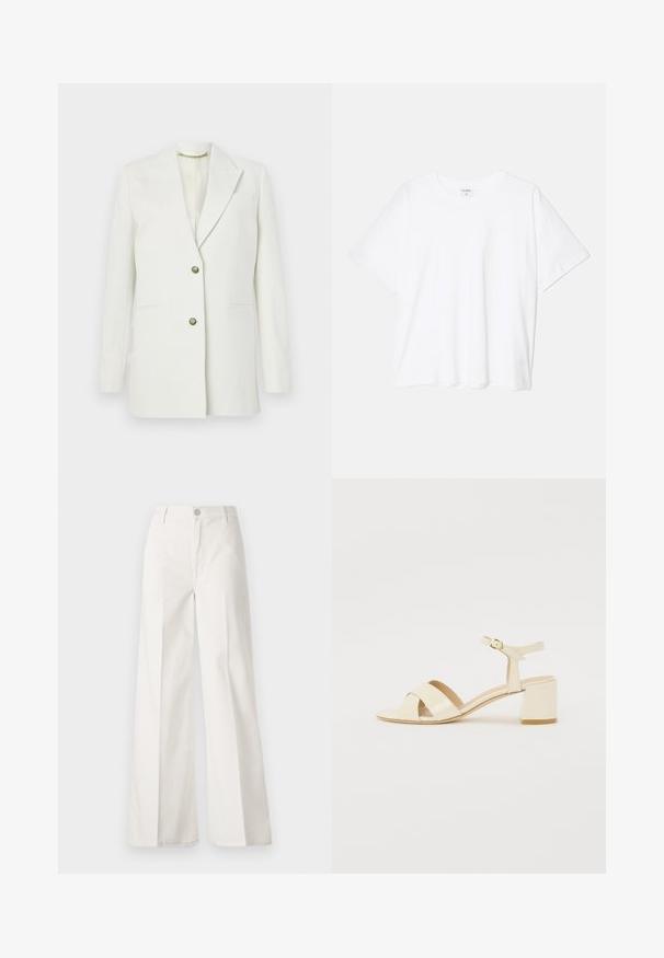 Biely blazer vyrobený z hladkej látky; má klopu s výrezom, dve predné vrecká a zlaté gombíkové zapínanie. Jednoduchý, štruktúrovaný dizajn.; Biely bavlnený tričko s krátkymi rukávmi, okrúhlym výstrihom, voľným strihom a prešitým lemom. Štítok viditeľný na vnútornom krku.; Biele široké nohavice vyrobené z bavlny s hladkou textúrou. Obsahujú predný gombík, zips a dizajn so štyrmi vreckami.; Bežové lakované sandále na podpätku s križovým popruhom, otvorenou špičkou, nastaviteľným členkovým popruhom a blokovým podpätkom. Hladká textura.