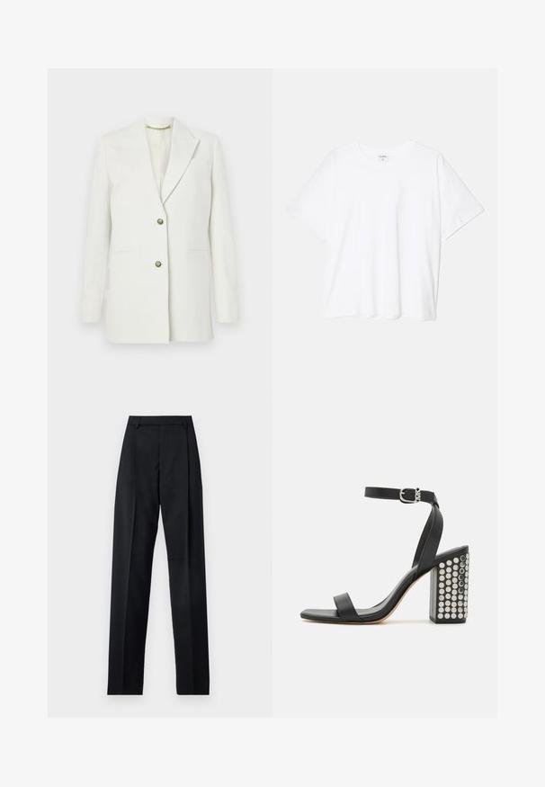 Witte blazer van een soepele stof; voorzien van een notch lapel, twee voorkanten zakken en goudkleurige knopen. Eenvoudig, gestructureerd ontwerp.; Witte katoenen t-shirt met korte mouwen, ronde halslijn, comfortabele pasvorm en gestikte zoom. Etiket zichtbaar aan de binnenzijde van de hals.; Zwarte broek gemaakt van gladde stof met een hoge taille, wijde benen, voorplooien en klassieke ceintuurlussen. Geen zijzakken zichtbaar.; Zwarte leren haksandalen met een enkelbandje. Met een vierkante neus, een gladde textuur en een vierkante blokhak versierd met zilveren studs.