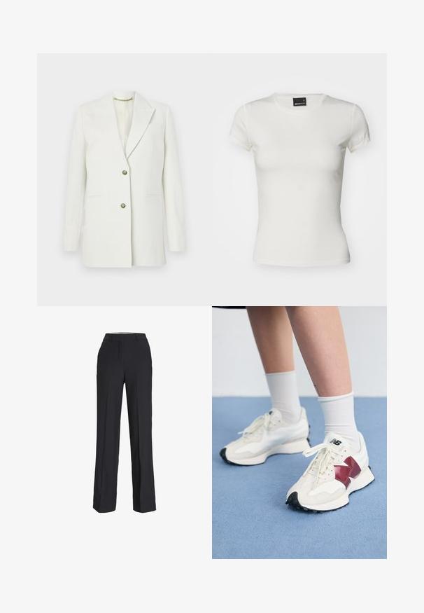 White blazer made of smooth fabric; features a notch lapel, two front pockets, and gold-tone button closures. Simple, structured design.; White short-sleeve t-shirt made of cotton. Features a classic crew neckline and a fitted design with a smooth texture. Brand label visible.; Black, high-waisted trousers with a straight-leg fit. Made from a smooth fabric, featuring front pleats and side pockets.; Pair of white sneakers with maroon accents, textured panels, flat black outsole, and light laces, worn with white ankle socks.