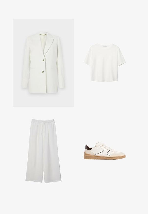 Biely blazer vyrobený z hladkej látky; má klopu s výrezom, dve predné vrecká a zlaté gombíkové zapínanie. Jednoduchý, štruktúrovaný dizajn.; Biela krátkopsová tričko vyrobené z bavlny. Má okrúhly výstrih a voľný strih. Hladká textúra bez viditeľných vzorov alebo akcentov.; Biele široké nohavice z ľahkého materiálu s elastickým pásom a šnúrkou na nastavenie veľkosti. Hladká textúra.; Stradivarius Tenisky - white