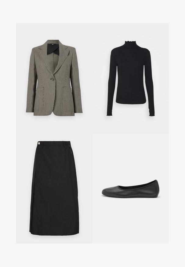 Juodai balta šunisnarystės rašto bleiseris, turintis įpjautą apykaklę, vieno mygtuko uždarymą ir dvi priekines kišenes.; Juodas ilgomis rankovėmis turtleneko tipo viršus, pagamintas iš lygaus audinio, su raukšlėtu kaklu ir prigludusia siluetu, turinčiu paprastus kraštus.; Juoda iki kelių ilgio sijonas, pagamintas iš lygaus audinio, su priekinėmis plyšiais ir metaliniu mygtuko akcentu ant juosmens.; Juodai odiniai baletai su apvaliu pirštu, lygi texture, minimalus siuvimo detales ir lanksčiu padų dizainu.