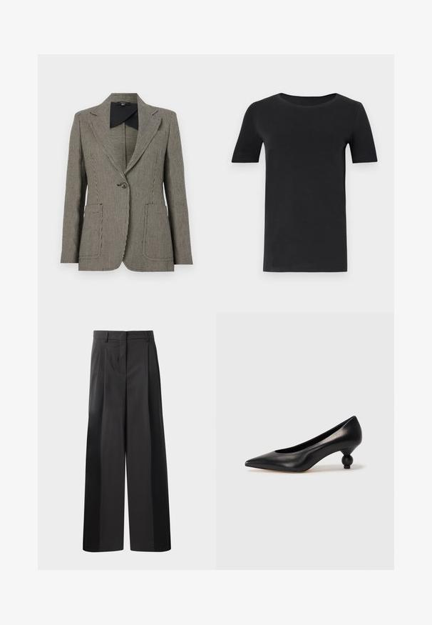 Juodai balta šunisnarystės rašto bleiseris, turintis įpjautą apykaklę, vieno mygtuko uždarymą ir dvi priekines kišenes.; Juodas trumpas rankovėmis marškinėlis, pagamintas iš minkštos medvilnės, su apvaliu iškirpimu ir klasikiniu siluetu. Lygus paviršius, be raštų ar puošmenų.; Juodos plačios kelnės su aukštu liemeniu, su priekinėmis raukšlėmis, glotnia tekstūra ir pritaikytu apdailos stiliumi. Sukurtos laisvam sėdėjimui.; Juoda odinė aukštakulnė bateliai su smailiu pirštu ir apvaliu, iškiliu kulnu. Lygus paviršius su elegantišku, minimalistiniu dizainu.