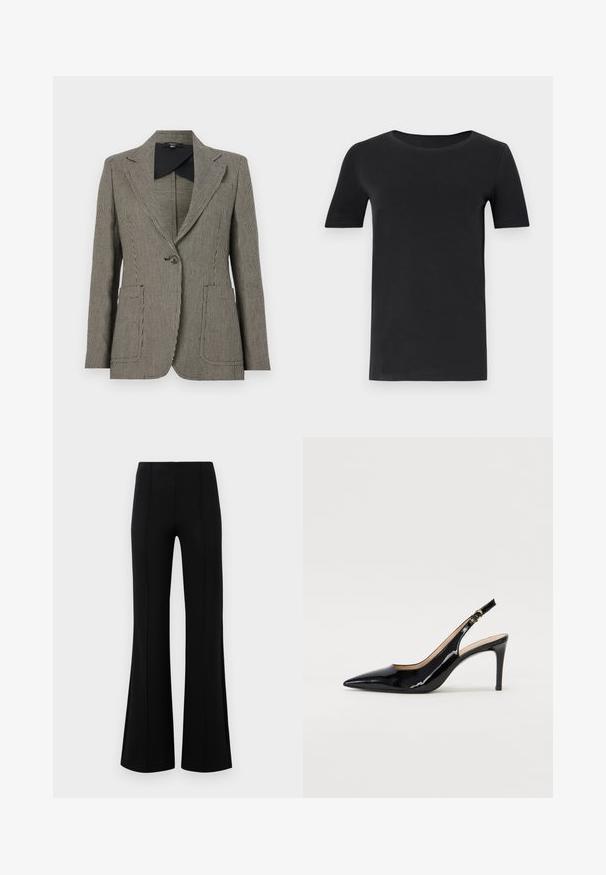 Mustritud must-valge jakker, millel on klappkaelus, üks nupp ning kaks esist pocketit.; Must must valmistatud pehmest puuvillast, lühikeste varrukatega, ümmarguse kaelusega ja klassikalise lõikega. Sile tekstuur, ilma mustrite või kaunistusteta.; Mustad põlvpüksid kõrge vöökohaga, valmistatud venivast kangast. Esiküljel on vertikaalsed õmblusdetailid ja sile tekstuur.; Must hõbedavärvi patendiga slingback kontsakingad terava varbaga, kitsas konts ja peene lõikega disain. Statistika on kuldne pandla rihmal.