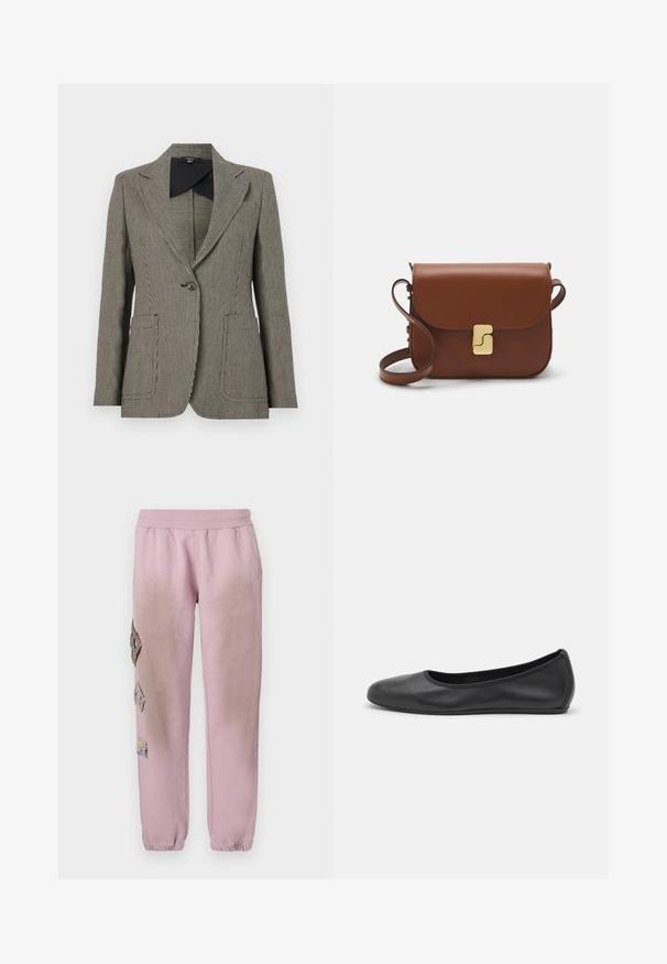 Houndstooth raksts žakete melnā un baltā krāsā, ar nogrieztu apkakli, vienu pogu aizdari un divām priekšējām kabatām.; Balta īsām piedurknēm T-krekls, izgatavots no ribota auduma. Apaļš izgriezums, regulāra piegriezuma un diskrēti šuvumu detaļas. Bez printiem vai grafikām.; Rozā sporta bikses ar elastīgu jostu, kurām labajā pusē ir dekoratīvi uzliktni dimanta formā un elastīgas apkakles pie potītēm.; Melna ādas baleta kurpe ar noapaļotu purngalu, gludu tekstūru, minimālu šuvju detalizāciju un elastīgu zoles dizainu.; Bordo ādas rokas soma ar atloku, zeltītām detaļām, plecu siksnu un gludu virsmu. Kompakta, taisnstūrveida forma.