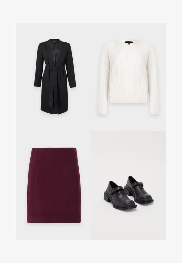 Musta pitkä takki, joka on valmistettu teksturoidusta kankaasta. Takissa on teräväkaulus, pitkähihaisuus ja vyötäröllä sopiva sidottava vyö. Sileä satinivuori.; Valkoinen kabelineulepullovaihtoehto, jossa on pitkät hihat, pyöreä pääntie ja koristeellinen helmiyksityiskohta kauluksessa. Pehmeä tekstiili ja istuva muotoilu.; Vero Moda VMFORTUNALLISON SHORT - A-linjainen hame - winetasting; Mustat nahkakengät, joissa on pyöreä varvas, litteä pohja ja soljellinen hihna. Paksu lohkopohja lisää vakautta.