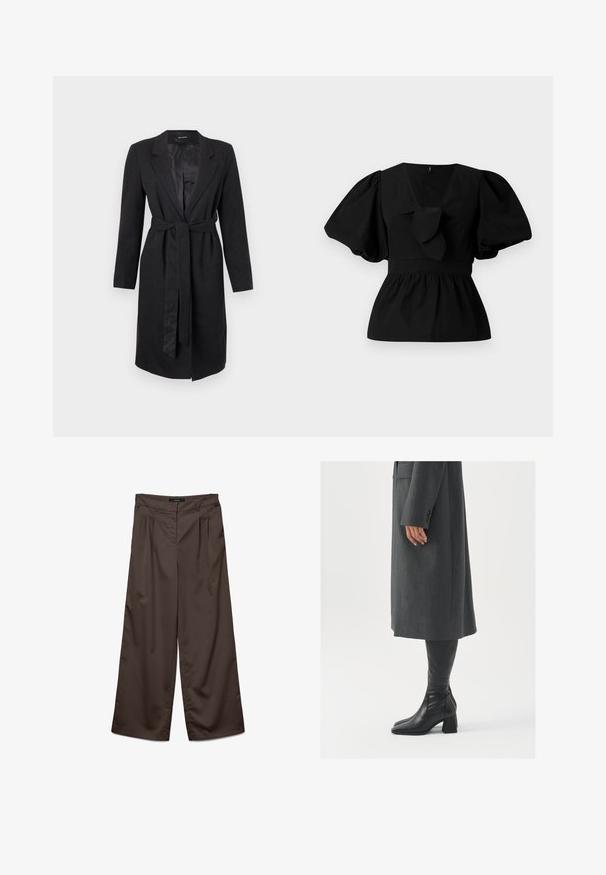 Crni dugi kaput napravljen od teksturirane tkanine, s pikiranom reverom, dugim rukavima i podudarnim vezanim remenom u struku. Glatka satenska podstava.; Crna pamučna bluzica s V-izrezom, napuhanim rukavima i naglaskom u obliku kravate na struku. Gornji dio je nabrčan za peplum oblik.; Široke hlače od tamnosmeđeg materijala s glatkom teksturom. Karakteristike uključuju nabore sprijeda i standardni pojas.; Sivi, krojeni kaput ravnog kroja; uparen s crnim kožnim čizmama do koljena koje imaju četvrtasti vrh i debeli potplat.