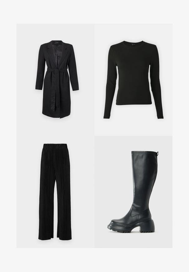 Melnas garas mēteles no teksturēta auduma, ar asu atloku, garām piedurknēm un atbilstošu saistītu jostu viduklī. Gluda satīna oderējums.; Melnā garas formas krekls, izgatavots no gludas auduma, ar apaļu kakla izgriezumu un pieguļošu siluetu, bez redzamām rakstām vai akcentiem.; Melni plīšu bikses ar elastīgu jostu. Tām ir platākas kājas un gluda, teksturēta auduma ar vertikālām svītrām.; Augstas melnas ādas zābakus ar masīvu platformu un bloka papēdi, ar vilkšanas cilpu un strukturētu profilu uz ārējā zoles.