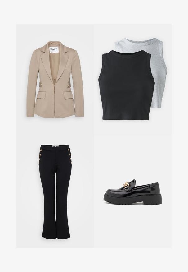 Bežový priliehavý blazer vyrobený z texturovanej tkaniny, s výstrihom do tvaru V, predným zipsom, dvoma prednými vreckami a akcentami zlatých gombíkov.; Even&Odd Petite 2 PACK - Top - light grey/black; Čierne rozšírené nohavice vyrobené z hladkej tkaniny, s akcentmi zlatých gombíkov pozdĺž pásu pre detail a priliehavým strihom.; Čierne lakované kožené mokasíny s masívnou čiernou podošvou a zlatými detailmi. Hladká textura a design so zaoblenou špičkou.