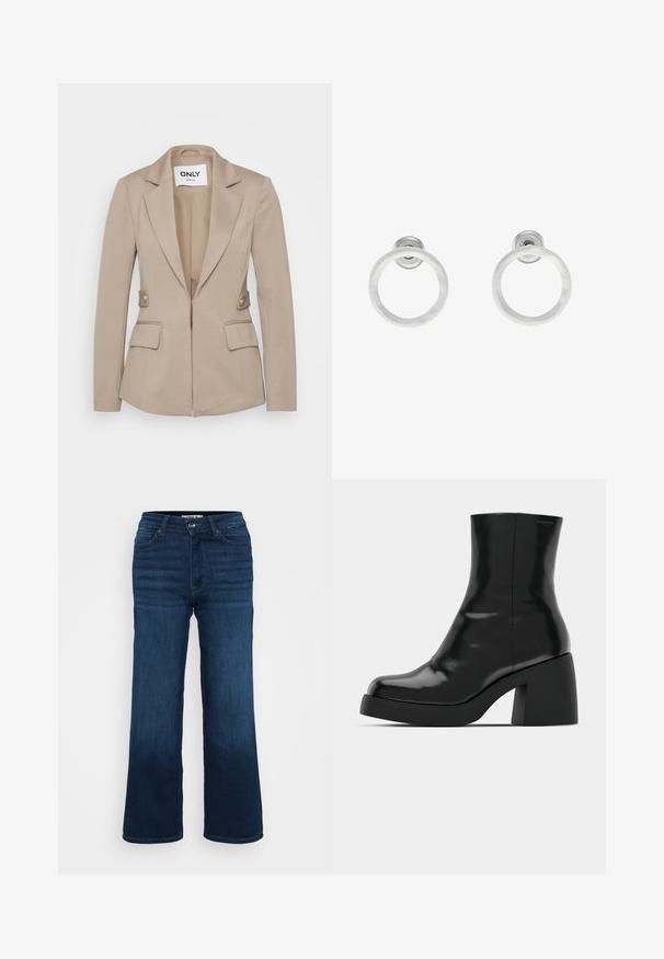 Bežový priliehavý blazer vyrobený z texturovanej tkaniny, s výstrihom do tvaru V, predným zipsom, dvoma prednými vreckami a akcentami zlatých gombíkov.; Even&Odd Petite 2 PACK - Top - light grey/black; ONLY Petite ONLMADISON BLUSH WIDE - Široké nohavice - dark blue denim; Čierne členkové topánky s lesklým povrchom, štvorcovou špičkou a širokým blokovým opätkom. Dizajn sa vyznačuje bezšvovou siluetou a minimálnym brandingom.; Strieborné kovové náušnice vo forme kruhov s brúsenou textúrou, so zaobleným dizajnom a priehľadným zarážkou pre bezpečné nosenie.