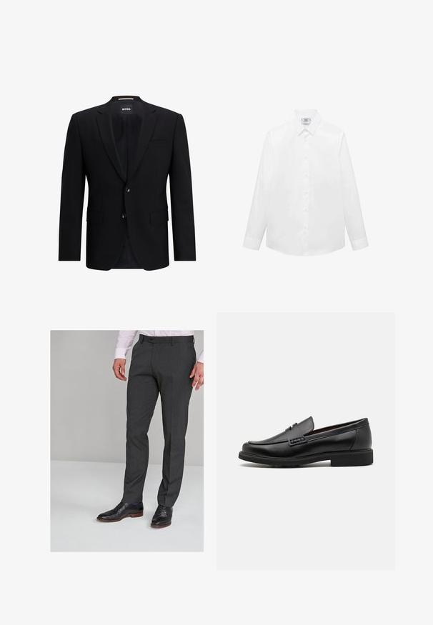 Czarna, jednorzędowa marynarka z gładkiego materiału. Posiada dwa guziki, klapy typu notch oraz dwie przednie kieszenie. Podszewka wewnętrzna.; Biała koszula z długim rękawem, wykonana z gładkiego materiału, z klasycznym kołnierzykiem, zapięciem na guziki i zaokrąglonym dołem. Minimalistyczny design bez wzorów.; Szare, dopasowane spodnie o gładkiej fakturze, z płaskim przodem i paskami do paska, w kompletach z czarnymi eleganckimi butami.; Czarne syntetyczne mokasyny z wyraźnym przeszyciem z przodu, wyściełaną wkładką i płaską gumową podeszwą; smukły design z minimalnymi detalami.