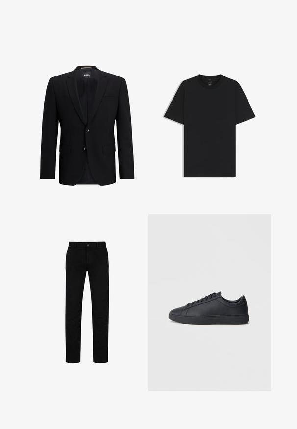 Musta yksirivinen bleiseri, joka on valmistettu sileästä kankaasta. Ominaisuuksiin kuuluu kaksi nappia, taskut, joissa on lovireunat, ja kaksi etutaskua. Vuorattu sisus.; Musta lyhythiha T-paita, joka on valmistettu sileästä puuvillasekoitteesta. Paita on varustettu pyöreällä pääntiehen ja siinä on minimaalinen muotoilu ilman kuvioita tai yksityiskohtia.; Mustat puuvillahousut suorella leikkauksella, jossa on napitus, vyölenkit ja minimalistinen muotoilu. Silkkinen pinta, ilman kuvioita.; Mustat lenkkarit, jotka on valmistettu sileästä nahasta, matalalla varrella, pyöreällä varvalla ja tasaisella kumipohjalla. Varusteena nauhat ja huomaamaton brändäys.