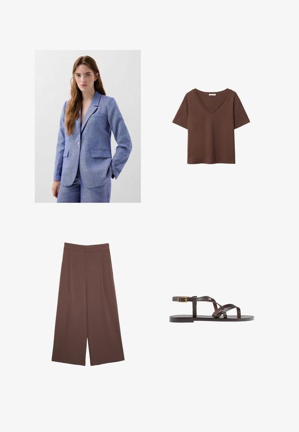 Light blue blazer made of textured fabric with two front pockets, single button closure, and a notched lapel. Subtle speckles throughout.; Brown cotton t-shirt with short sleeves and a deep V-neck. Simple design, soft texture, and straight hemline. No patterns or accents.; Brown wide-leg trousers with a smooth texture, featuring a high waist and front pleats. The fabric is lightweight and flows loosely.; Brown leather sandal featuring crisscross straps, an ankle buckle closure, and a flat sole with minimal stitching details.