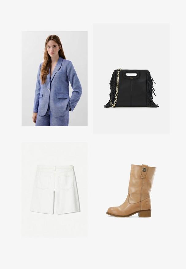 Light blue blazer made of textured fabric with two front pockets, single button closure, and a notched lapel. Subtle speckles throughout.; White cotton tank top, features a round neckline and wide shoulder straps. Smooth texture, sleeveless design, and a fitted silhouette.; White denim shorts with a straight-cut design, featuring a high waist, two back pockets, and subtle stitching detail.; Tan leather ankle boot with a rounded toe, low stacked heel, side stitching, and a snap detail at the shaft. Smooth texture.; Black leather handbag with fringe details, gold chain shoulder strap, and a cut-out handle. Features logo placement on the front.