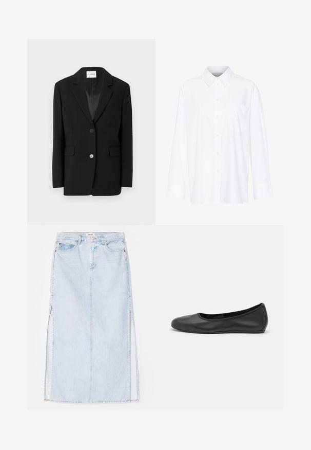 Črn blazer s prilagojeno krojenjem, notch ovratnikom, enojnim gumbom in dvema sprednjima žepoma. Gladka tkanina z strukturiranim fitom.; Bela dolga majica s kragnico iz bombaža. Ima gumbno zapenjanje spredaj in eno žep na prsih. Gladka tekstura, sproščen kroj.; Svetlo modra jeanska maxi krilna obleka s ravnim krojem, ki ima stranske odprtine in pet žepov. Izstopajoče šivanje in kovinski gumb za zapiranje.; Črne usnjene balerinke z zaobljenim nosom, gladko teksturo, minimalnimi šivi in fleksibilno zasnovo podplata.
