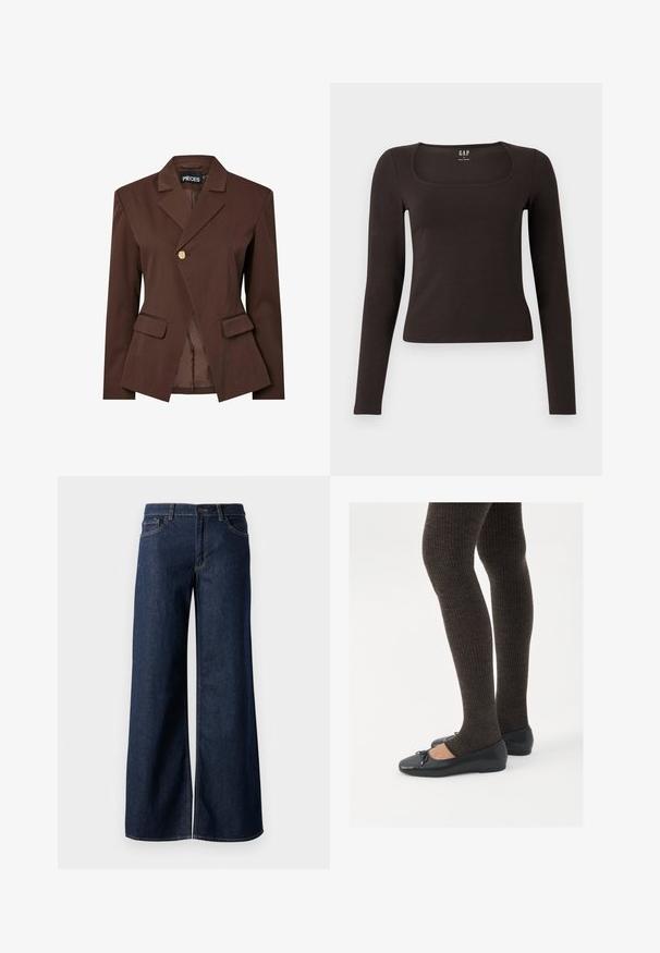 Brązowa marynarka o dopasowanym kroju z pojedynczym zapięciem na złoty guzik, klapami w kształcie litery V i dwoma przednimi kieszeniami. Gładki materiał o sztywnym fasonie.; Czarny, długi rękaw, dopasowana bluzka z kwadratowym dekoltem, oznaczona marką GAP, wyeksponowana na białym tle.; Jeansy z szerokimi nogawkami w ciemnoniebieskim denienie. Posiadają kontrastowe przeszycia, pięć kieszeni oraz zapięcie na guzik w talii. Gładka faktura.; Czarne płaskie buty z małym kokardkowym detalem na palcach, zestawione z ciemnobrązowymi rajstopami w prążki. Buty mają gładką teksturę i niski profil.