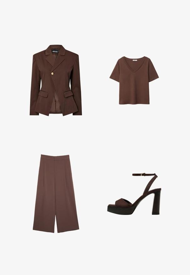 Hnědý saka na míru s jedním zlatým knoflíkem, klopami a dvěma předními kapsami. Hladká tkanina se strukturovaným střihem.; Hnědý bavlněný tričko s krátkými rukávy a hlubokým V-výstřihem. Jednoduchý design, měkká textura a rovný lem. Žádné vzory ani akcenty.; Hnědé široké kalhoty s hladkou texturou, vysokým pasem a předními záhyby. Materiál je lehký a volně splývá.; Hnědé semišové sandály na vysokém podpatku s otevřenou špičkou, nastavitelným páskem kolem kotníku a proužkovou platformou.