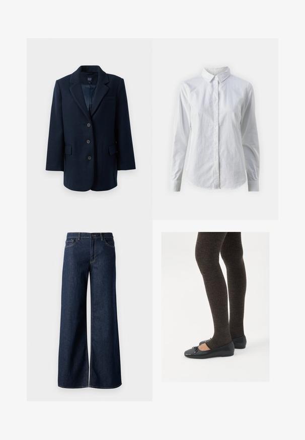 Navy sininen yksirivinen bleiseri, jossa on lovet, kolme nappia, kaksi läppälokeroa ja yksi rintatasku, vuorattu sisältä.; Valkoinen napitettava paita, joka on valmistettu sileästä puuvillasta. Paidassa on klassinen kaulus, pitkät hihat ja kaareva helma. Nappien koko on pieni ja ne ovat valkoiset.; Suorat lahkeet farkut tummansinisestä denimmistä. Ominaisuuksiin kuuluvat kontrastiväriset ompeleet, viisi taskua ja nappisuljenta vyötäröllä. Sileä pinta.; Mustat matalat kengät, joissa on pieni nauha varpaissa, yhdistettynä tummanruskeisiin ribattuisiin sukkahousuihin. Kengissä on sileä pinta ja matala profiili.