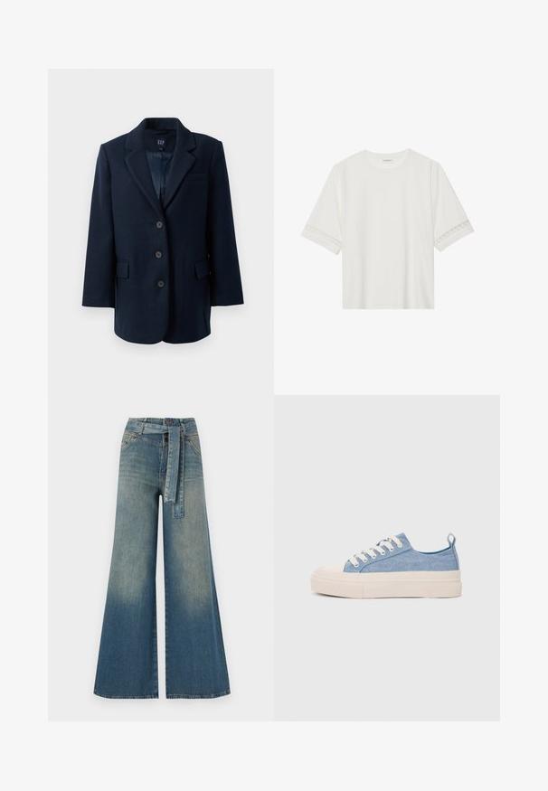 Marineblå ensfarget blazer med jakkeslag, tre knapper, to belglommer og en brystlomme, foret inni.; Hvit t-skjorte med kort erme laget av bomull, med dekorativ blondekant langs ermene og en rund halslinning.; Bredde ben jeans med en lyseblå til mørkeblå gradient, høyt liv, beltehemper og et matchende belte i samme stoff. Teksturert denimoverflate.; Lys blå canvastøfler med en kremfarget gummitupp og yttersåle, med hvite snørebånd og en løfteløkke på hælen.