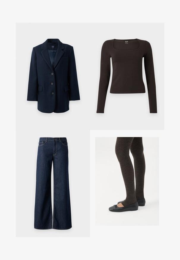 Navy blue single-breasted blazer with notch lapels, three buttons, two flap pockets, and one breast pocket, lined inside.; Black long-sleeve, fitted top with a square neckline, labeled GAP, displayed on a white background.; Wide-leg jeans in dark blue denim. Features contrast stitching, five pockets, and a button closure at the waist. Smooth texture.; Black flat shoes with a small bow detail at the toe, paired with dark brown ribbed tights. Shoes have a smooth texture and low profile.
