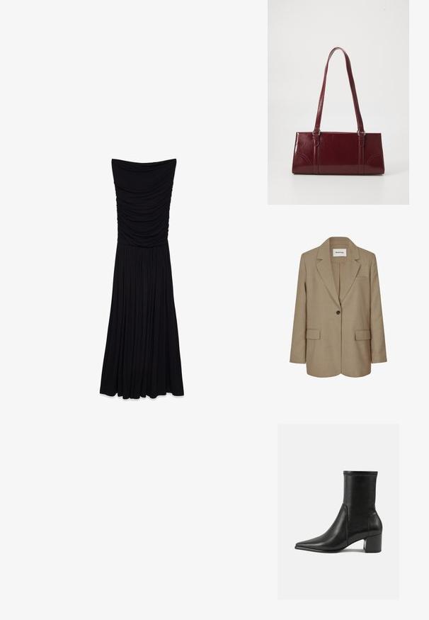Beige blazer med spetsslag, enkel knapclosure, två framfickor och en texturerad tyg. Etikett synlig inuti kragen.; Svart strapless maxiklänning med samlad textur vid midjan och en svävande, plisserad kjol. Tillverkad av ett smidigt, stretchigt tyg.; Svart ankelboot i slät läder, med en spetsig tå, en blockklack och distinkt upphöjd söm längs den övre kanten.; Burgundy handväska i glänsande material, rektangulär form, med två axelremmar och subtila kurviga detaljer på framsidan.