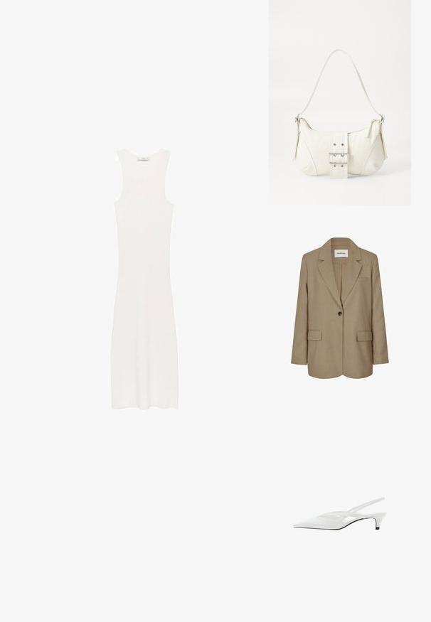 Sacou crem cu guler tăiat, închidere cu un singur nasture, două buzunare în față și o țesătură texturată. Eticheta vizibilă în interiorul gulere.; Rochie albă, fără mâneci, din tricot cu model în relief, cu o siluetă ajustată, care ajunge sub genunchi. Design simplu și minimalist, fără modele sau accesorii.; Sandale albe cu toc slingback și vârf ascuțit, având un upper neted, decupaje subtile și un toc bloc mic. Talpa neagră accentuează designul.; Geantă albă de umăr cu un finisaj texturat, un accent cu cataramă centrală și o formă curbată. Încărcătoare cu fermoar pe ambele laturi.
