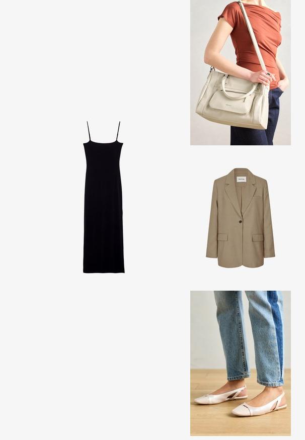 Beiger Blazer mit Schalkragen, Einzelknopfverschluss, zwei Fronttaschen und einem strukturierten Stoff. Etikett im Kragen sichtbar.; Schwarzes ärmelloses Kleid mit gerader Silhouette, aus weichem Stoff. Verfügt über schmale Spaghettiträger und ein bodenlänges Design.; Blassrosa Slingback-Ballerinas mit spitzem Punkt, aus einem glatten, lederähnlichen Material. Mit Ausschnitten an den Seiten und einem flachen Absatz.; Weiße Lederhandtasche mit zwei Griffen und einem abnehmbaren Schulterriemen, ausgestattet mit einer vorderen Reißverschlusstasche und glatter Textur. Wird am Arm einer Person getragen.