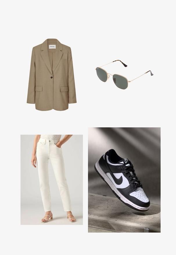 Beige blazer med notched krave, enkelt knapluk, to forlommer og et tekstureret stof. Mærket er synligt indeni kraven.; Lys beige crew neck sweater lavet af blødt strikket stof. Har lange ærmer og ribkantede manchetter, med en afslappet pasform og et minimalistisk design.; Hvide højtaljede jeans med lige pasform, der har forlommer, knaplukning og en glat denimtekstur. Bruges med lyse sandaler.; Sorthvid Nike Dunk Low sneakers med læderoverdel, perforeret tåboks og sorte snørebånd, udstyret med en hvid sål og logo accenter.; Guldmetallisk brille med mørkegrønne linser, aviator-stil, med slanke arme og skildpadde-mønstrede detaljer på spidserne.