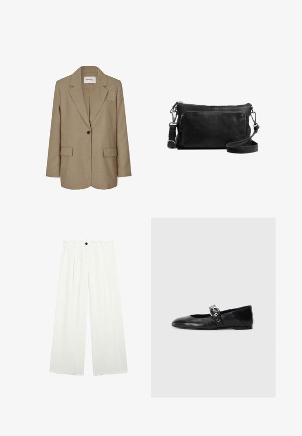 Blazer beige avec un col à revers, fermeture à un bouton, deux poches à l'avant et un tissu texturé. Étiquette visible à l'intérieur du col.; Polo à manches longues avec des rayures horizontales alternant entre marron foncé et blanc, un col et un boutonnage. Fabriqué en tissu doux.; Pantalons à jambes larges en tissu blanc, présentant un unique bouton noir à la taille, deux poches avant et une texture lisse et nette.; Ballerines en cuir noir avec un bout pointu, dotées d'une sangle avec une boucle métallique circulaire et d'une semelle plate.; Sac à bandoulière en cuir noir avec un compartiment principal zippé, une poche avant, des finitions en métal argenté et une bandoulière réglable. Texture lisse.