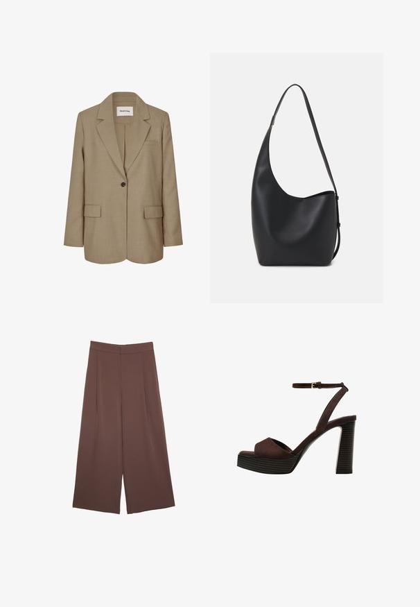 Beige blazer met een gelapte kraag, enkele knoopsluiting, twee voorkruiken en een textuurstof. Etiket zichtbaar binnenin de kraag.; Donkergrijze top met korte mouwen en een bootnek. Gemaakt van ribbelstof, met een relaxte pasvorm en een nette zoom. Eenvoudig ontwerp, geen patronen.; Bruine wijde broek met een gladde textuur, voorzien van een hoge taille en plooien aan de voorkant. De stof is lichtgewicht en valt losjes.; Bruine suède high-heeled sandaal met een open teen, verstelbare enkelband en een gestreepte plateauzool.; Zwarte leren hobo tas met een gladde textuur, kromme vorm en een enkele verstelbare schouderband; heeft een brede opening aan de bovenkant.
