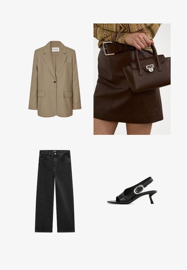 Beżowa marynarka z wyciętym kołnierzem, zapięciem na jeden guzik, dwiema przednimi kieszeniami i teksturowanym materiałem. Metka widoczna wewnątrz kołnierza.; Biała koszulka z krótkim rękawem o okrągłym dekolcie, wykonana z miękkiej bawełny, charakteryzująca się gładką teksturą i prostym wzornictwem.; Szerokie czarne dżinsy z subtelnym wzorem w pionowe paski, z pięcioma kieszeniami oraz klasycznym zapięciem na guzik w talii.; Czarne skórzane buty typu slingback z otwartym palcem, smukłym obcasem i srebrnym detalem z klamrą na pasku. Gładka tekstura i elegancki design.; Brązowa skórzana torebka o strukturalnym wykończeniu i srebrnym wykończeniu, trzymana w dłoni obok brązowej skórzanej spódnicy i wzorzystego swetra.