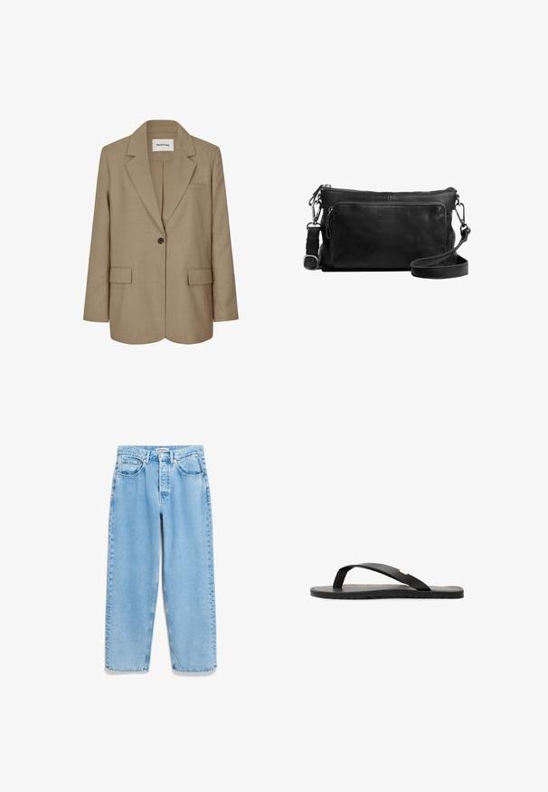 Blazer beige avec un col à revers, fermeture à un bouton, deux poches à l'avant et un tissu texturé. Étiquette visible à l'intérieur du col.; T-shirt en coton blanc à manches courtes, col rond et texture lisse. Le dos est uni, sans motifs ni designs supplémentaires.; Jeans en denim bleu clair avec une coupe ample, taille haute, design à cinq poches et un léger délavage le long des coutures des jambes.; Tongs noires avec une semelle plate, une semelle intérieure texturée noire, des sangles lisses et un petit accent doré près du séparateur de orteils.; Sac à bandoulière en cuir noir avec un compartiment principal zippé, une poche avant, des finitions en métal argenté et une bandoulière réglable. Texture lisse.
