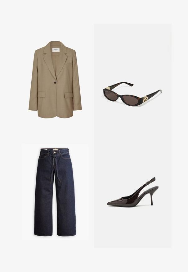 Blazer beige con cuello con muesca, cierre de un solo botón, dos bolsillos delanteros y una tela texturizada. Etiqueta visible dentro del cuello.; Camisa negra de manga larga hecha de una mezcla de algodón, con un cuello redondo y un diseño ajustado sin patrones ni gráficos visibles.; Jeans de mezclilla oscuros de pierna ancha con cintura alta, que cuentan con un lazo ajustable, cinco bolsillos y detalles de costura en contraste.; Zapato de tacón alto tipo slingback en piel sintética brillante de color marrón oscuro, con punta afilada, laterales abiertos y correa ajustable en el tobillo.; Gafas de sol carey con lentes ovalados alargados, tintado marrón, acentos de logo dorado en las patillas y brazos negros elegantes.; Bolso de mano burdeos con una silueta curvada y una correa corta, que presenta una cremallera dorada y un sutil logotipo de Calvin Klein en la parte frontal.