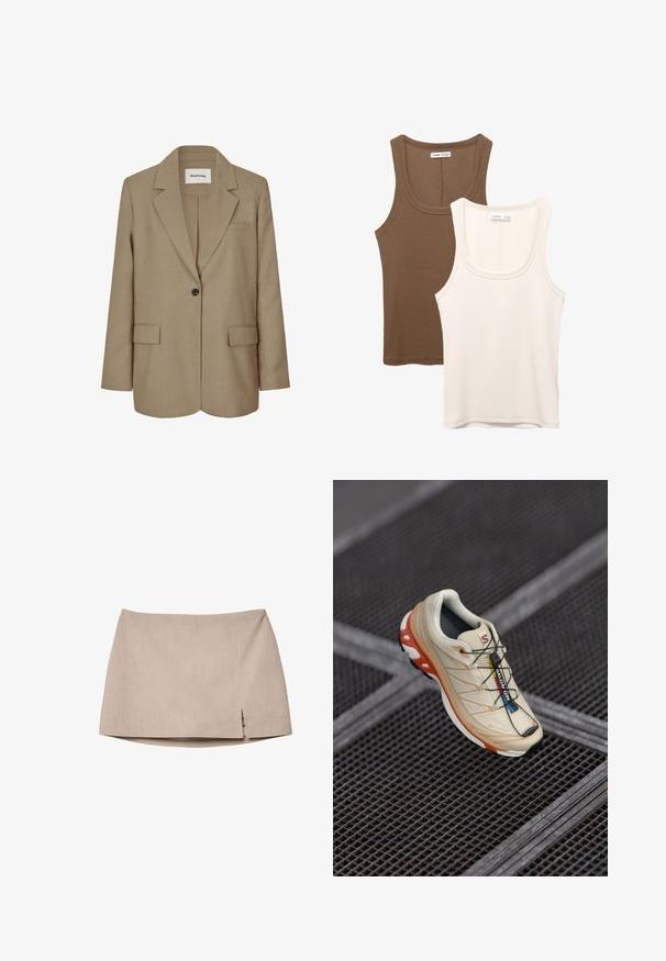 Bež blejzer s reverom, zatvaranjem na jedan gumb, dva prednja džepa i teksturiranim materijalom. Oznaka vidljiva unutar revera.; Dva topa: jedan u tamnosmeđoj boji s rebrastom teksturom i širokim naramenicama, a drugi u boji slonovače s glatkom tkaninom i sličnim dizajnom.; Bež suknja u uskom kroju od teksturirane tkanine, s blagim bočnim prorezom. Jednostavan dizajn ne sadrži dodatnu hardver ili uzorke.; Bež tenisica za trčanje s narančastim detaljima, dizajnirana s teksturiranim gornjim dijelom, crnim potplatom i integriranim vezicama. Sadrži GORE-TEX oznaku.
