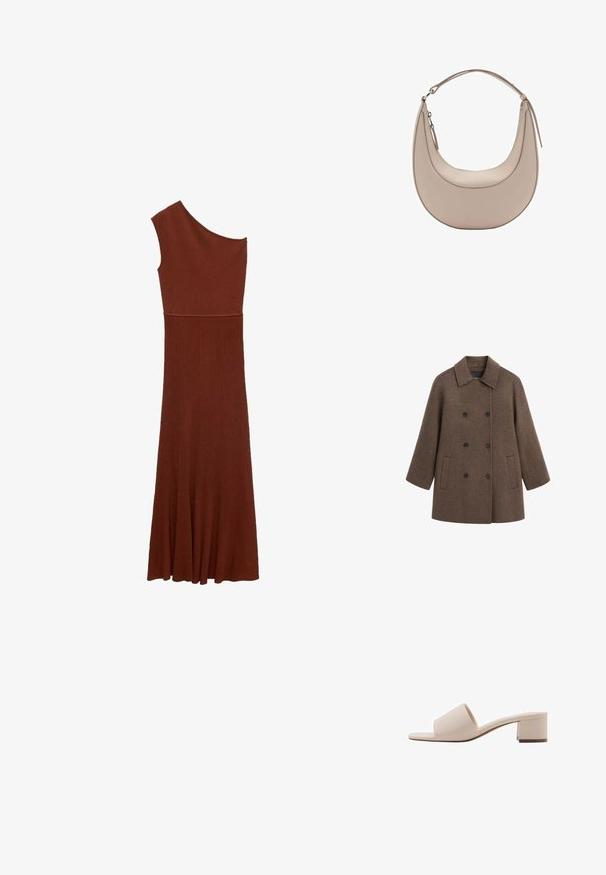 Hnědý dvouřadový kabát z texturované vlny, se límcem, čtyřmi černými knoflíky a dvěma bočními kapsami.; Asymetrické hnědé šaty s ribovým vzorem a designem jednoho ramene; těsný korzet se rozšiřuje do široké sukně. Hladká textura po celé délce.; Béžová sandála na bloku s širokým páskem a otevřenou špičkou. Hladký materiál a elegantní design. Krátký, pevný podpatek pro stabilitu.; Světle béžová kožená kabelka přes rameno s půlměsíčovým tvarem, hladkým povrchem a jedním zakřiveným uchopem. Obsahuje zipový uzávěr a upravené švy.