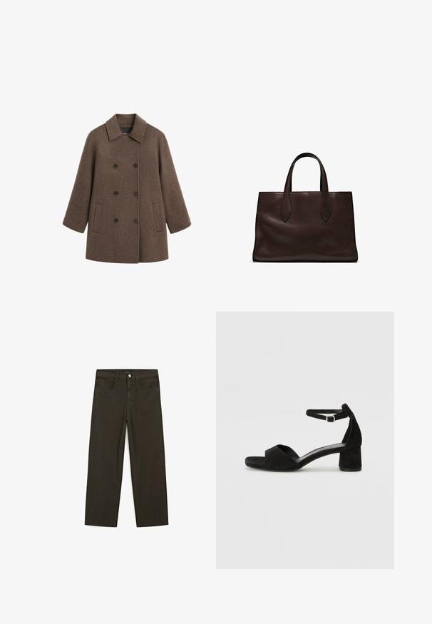 Bruine dubbelgeknoopte jas van getextureerde wol, met een kraag, vier zwarte knopen en twee zijzakken.; Donkerbruin T-shirt met korte mouwen, gemaakt van katoen. Heeft een ronde halslijn en een ontspannen pasvorm, zonder zichtbare patronen of accenten.; Donkergroene wijde jeans van een katoenmix, met een sluiting met een voorste knop, vijf zakken en klassieke denimstiksels.; Zwarte suede hakken met een dunne enkelband, open teen ontwerp en een bescheiden blokhak. Zachte textuur en minimale accenten.; Bruine leren tote bag met twee verlengde handvatten, gestructureerde rechthoekige vorm, gladde textuur en subtiele stiksels.