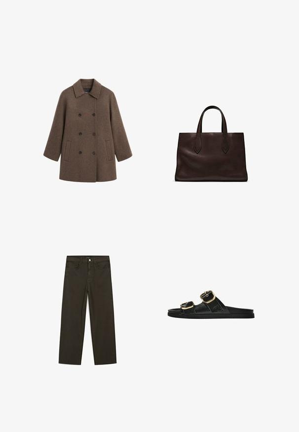 Brauner Double-Breasted-Mantel aus strukturiertem Wollstoff, mit Kragen, vier schwarzen Knöpfen und zwei Seitentaschen.; Braunes Baumwoll-T-Shirt, kurze Ärmel, runder Halsausschnitt, lockere Passform, glatte Textur, minimalistisches Design, keine sichtbaren Muster oder Akzente.; Dunkelgrüne Jeans im weit geschnittenen Style, hergestellt aus einem Baumwollgemisch. Sie verfügen über einen Frontknopfverschluss, fünf Taschen und klassische Denim-Nähte.; Schwarze Riemensandale mit zwei goldenen Schnallendetails, glattem Material, flachem Sohlen und minimalistischer Gestaltung.; Braune Ledertasche mit zwei langen Griffen, strukturierte rechteckige Form, glatte Textur und dezente Nähdetails.